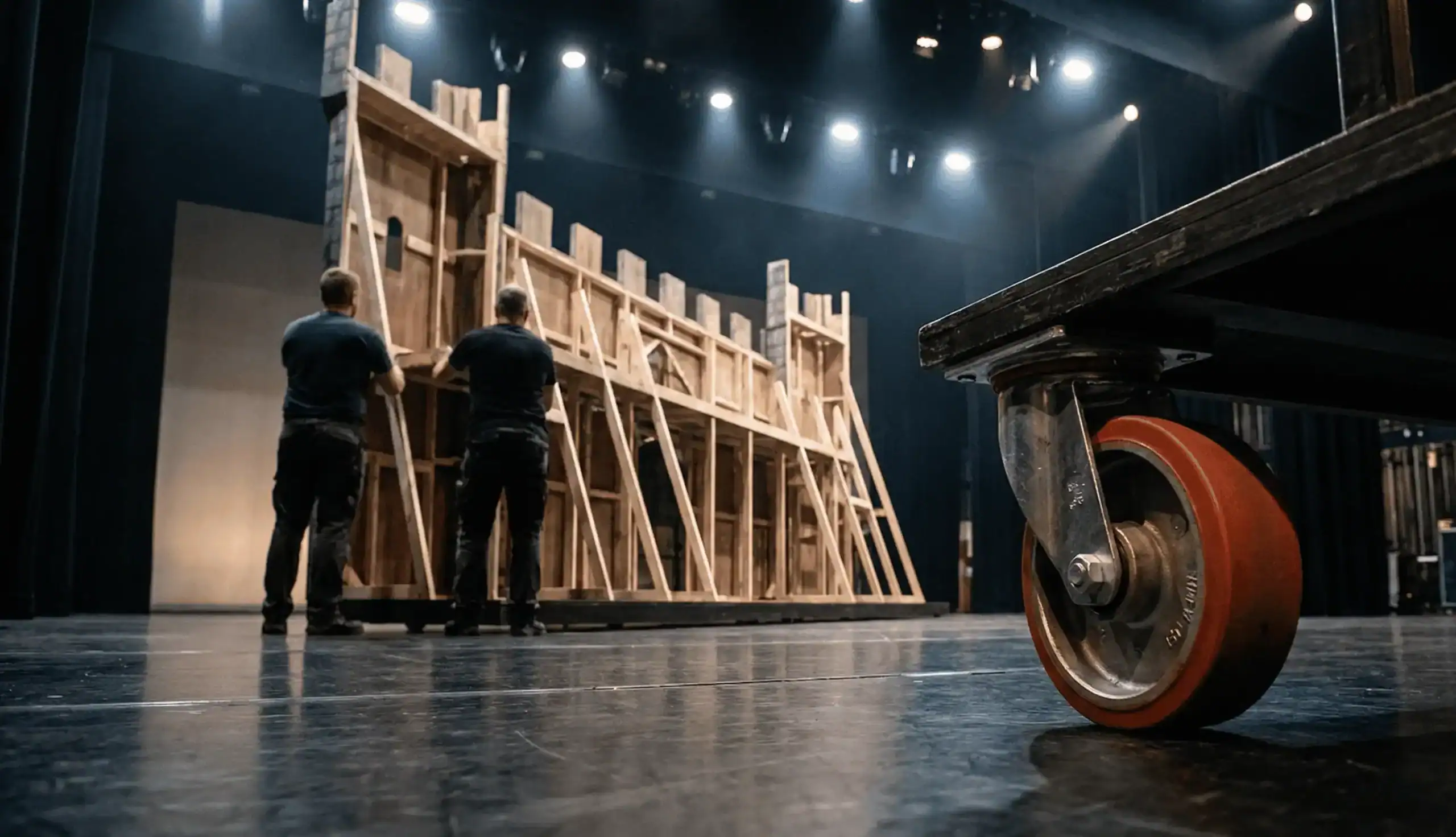wielen voor podium en decor onder verrijdbaar theaterdecor op professioneel podium tijdens opbouw scène